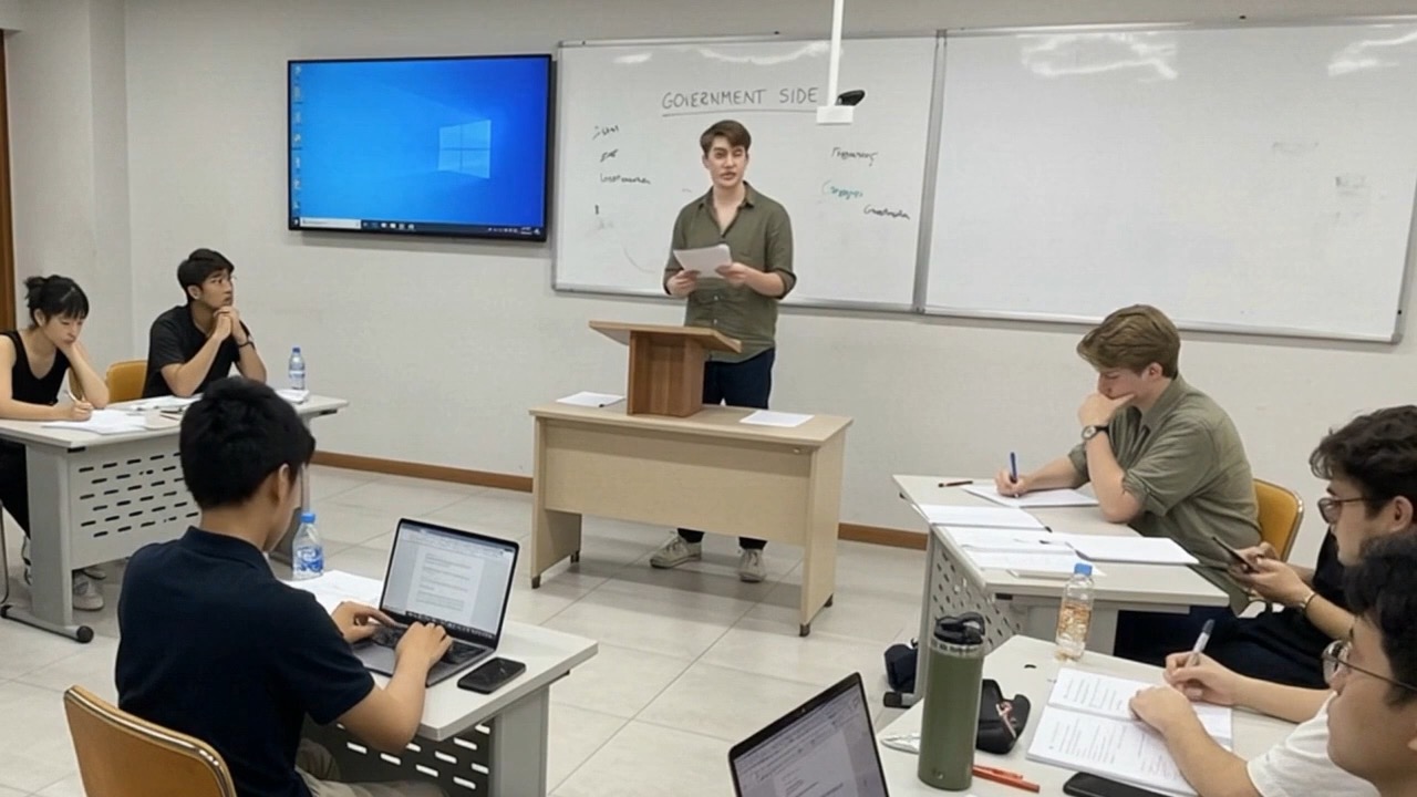 A debater delivers a speech from the podium in a practice round, Government side written on the whiteboard